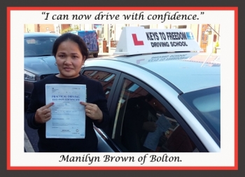 Manilyn Brown of Bolton is very happy to show of her driving test pass certificate, as she reviews Keys to Freedom Driving School Bolton.